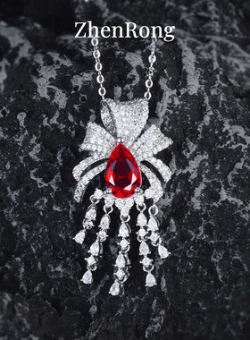 925纯银一眼万年的流苏红宝石项链 超仙蝴蝶结套装彩宝耳钉戒指