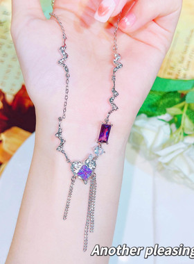 小众设计紫色锆石熔岩褶皱金属爱心项链 ins冷淡风网红拼接锁骨链