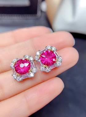 网红直播925银仿天然粉托帕石套装戒指吊坠耳钉烟花切高碳钻项链