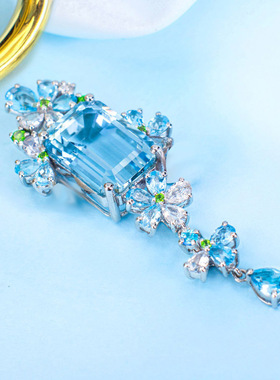 直播新款仿海蓝宝吊坠女 摩根彩色宝石粉钻圣玛利亚蓝彩宝项链