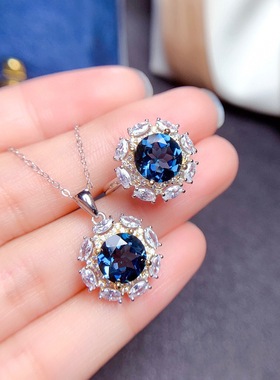 网红直播新款仿天然天空蓝托帕石套装戒指吊坠 烟花切工双色电镀