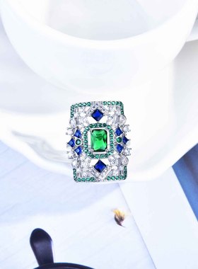 仿祖母绿开口戒指 ArtDeco爱德华时期女新款潮小香秋冬首饰