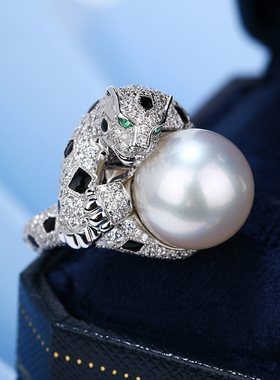 工厂高级感澳白珍珠豹子戒指女猎豹ins轻奢气质满钻花豹指环