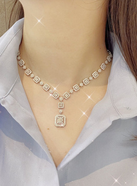 豪华轻奢大气冰糖满钻项链可拆卸三戴款套链 重工设计T方开口戒指