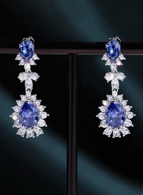 HW高级珠宝轻奢套装欧美彩宝锆石项链坦桑蓝钻耳钉耳坠水滴戒指女