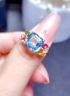 新款直播爆款祖母绿切工圣玛利亚托帕石戒指 海蓝宝开口女戒