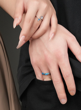 余生是你情侣戒指s925纯银月光石对戒女滴胶闪粉蓝色珐琅指环
