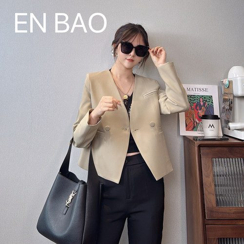 春秋款新小西装外套女短款V领韩版款修身显瘦小个子百搭西服上衣 - 图0