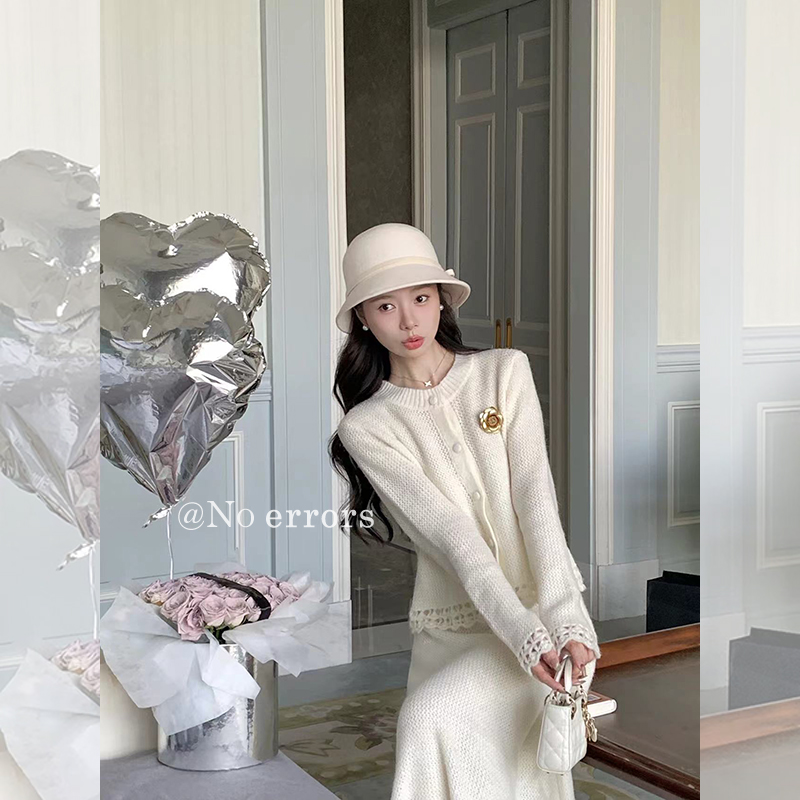 不出错No errors 镂空手工钩花针织毛衣+半裙套装 2025冬新款 - 图1