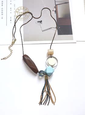 休闲风几何原木项链长款毛衣链森