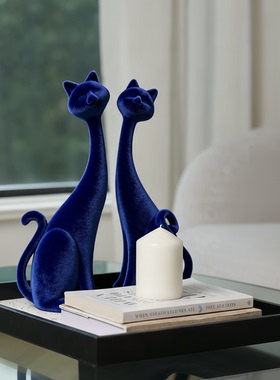 轻奢风蓝色猫咪桌面玄关摆件树脂客厅装饰品房间卧室内套装高级感