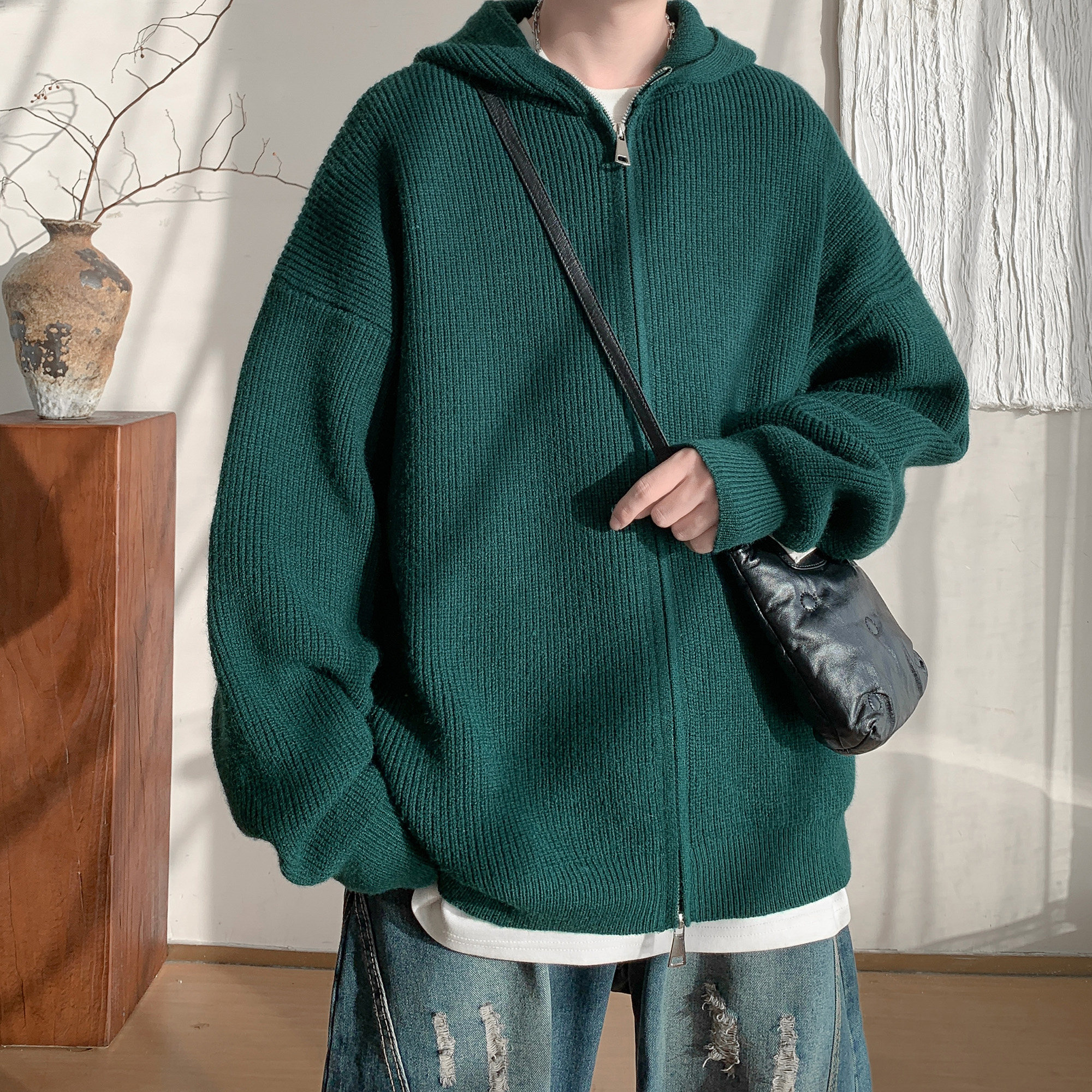 胖胖哥800G重磅双拉链针织开衫男秋季美式连帽慵懒风运动毛衣外套,淘宝优惠券,粉丝福利购,淘宝优惠卷