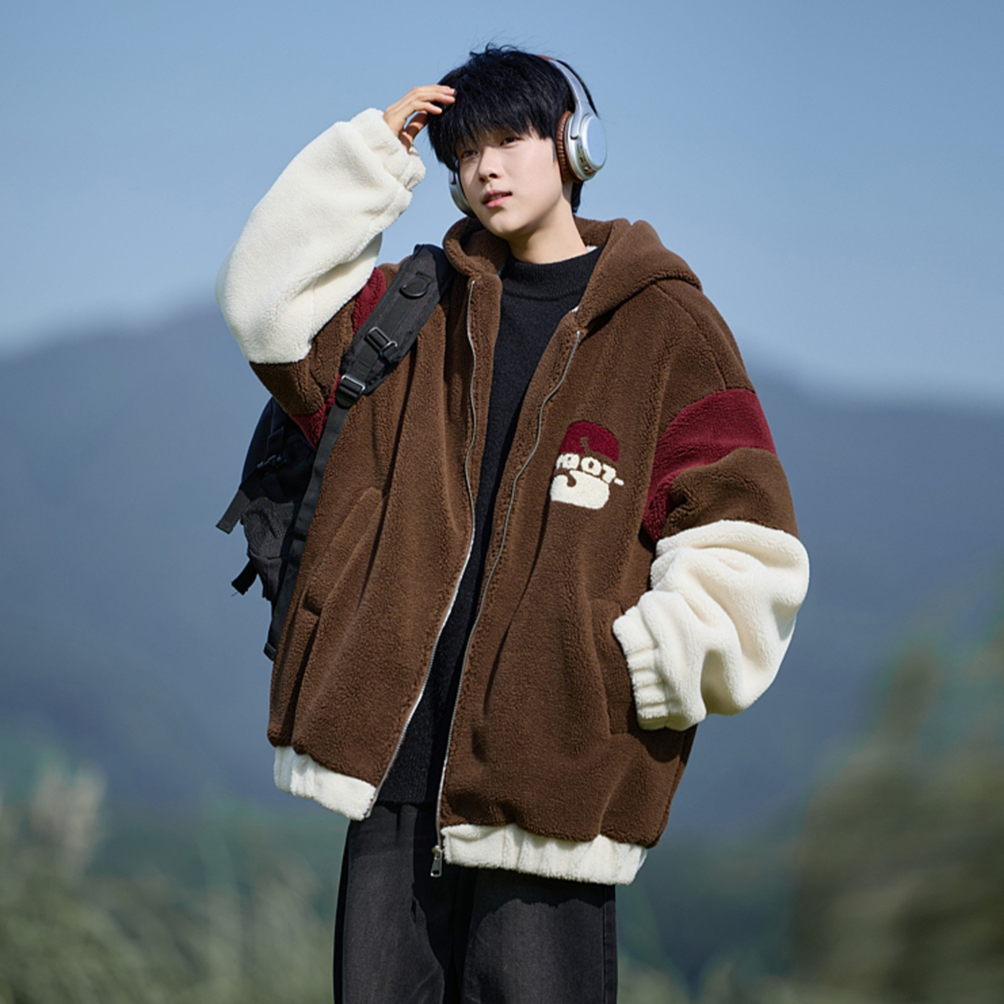 胖胖哥拼接羊羔毛棉服男款冬季大码宽松飒帅加绒加厚保暖棉衣外套,淘宝优惠券,粉丝福利购,淘宝优惠卷