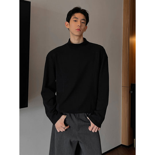 胖胖哥灰色半高领德绒打底衫男款秋季毛衣内搭老钱风宽松长袖上衣