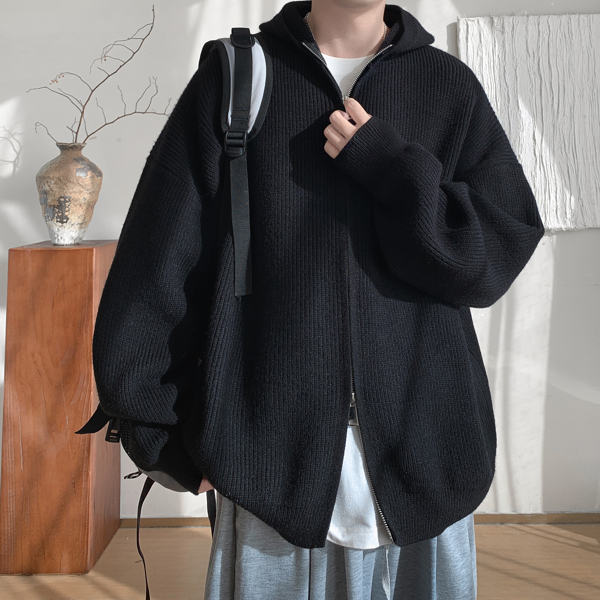 胖胖哥800G重磅双拉链针织开衫男秋季美式连帽慵懒风运动毛衣外套,淘宝优惠券,粉丝福利购,淘宝优惠卷