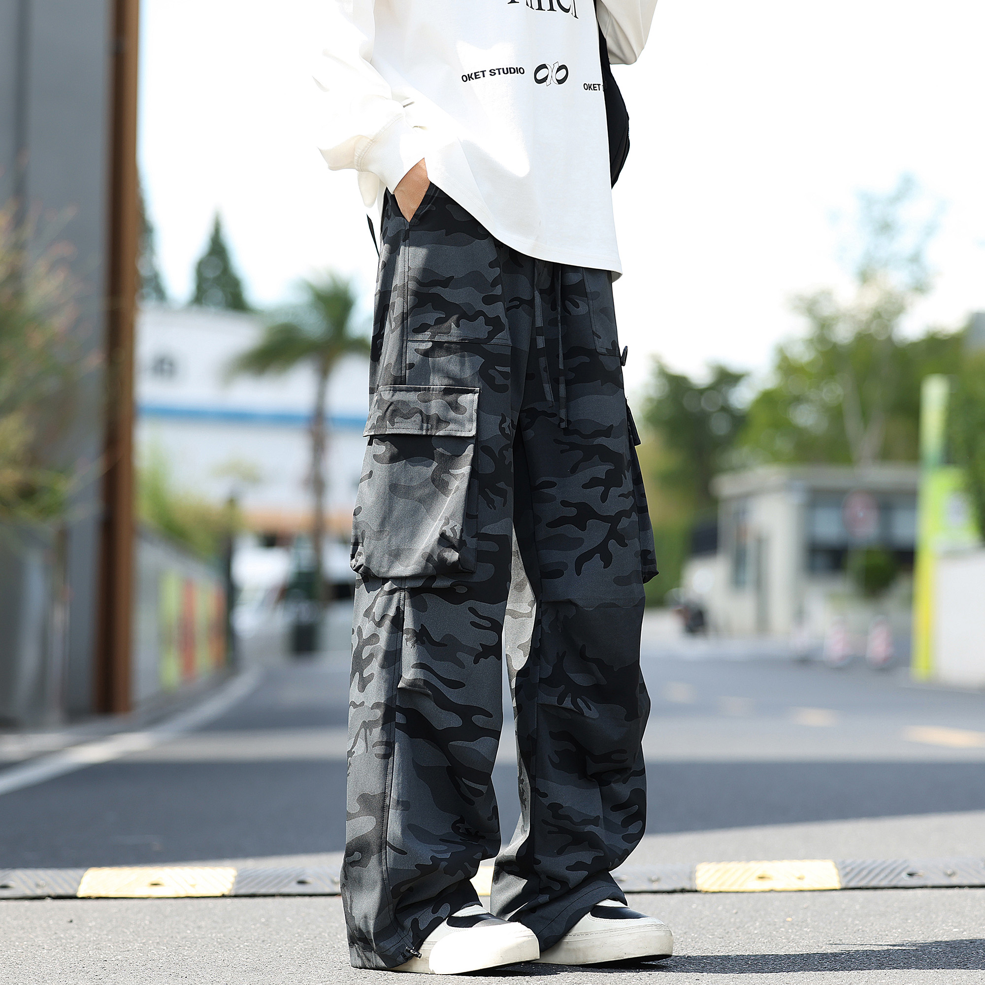 胖胖哥复古迷彩工装裤男款秋季新款宽松大码休闲裤直筒百搭长裤 - 图2