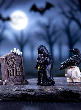 万圣节城堡十字架乌鸦公仔南瓜墓碑头骨diy装饰配件微景观小摆件