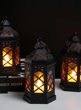 欧式复古烛台装饰灯摩洛哥手提小油灯led电子蜡烛灯六角风灯摆件