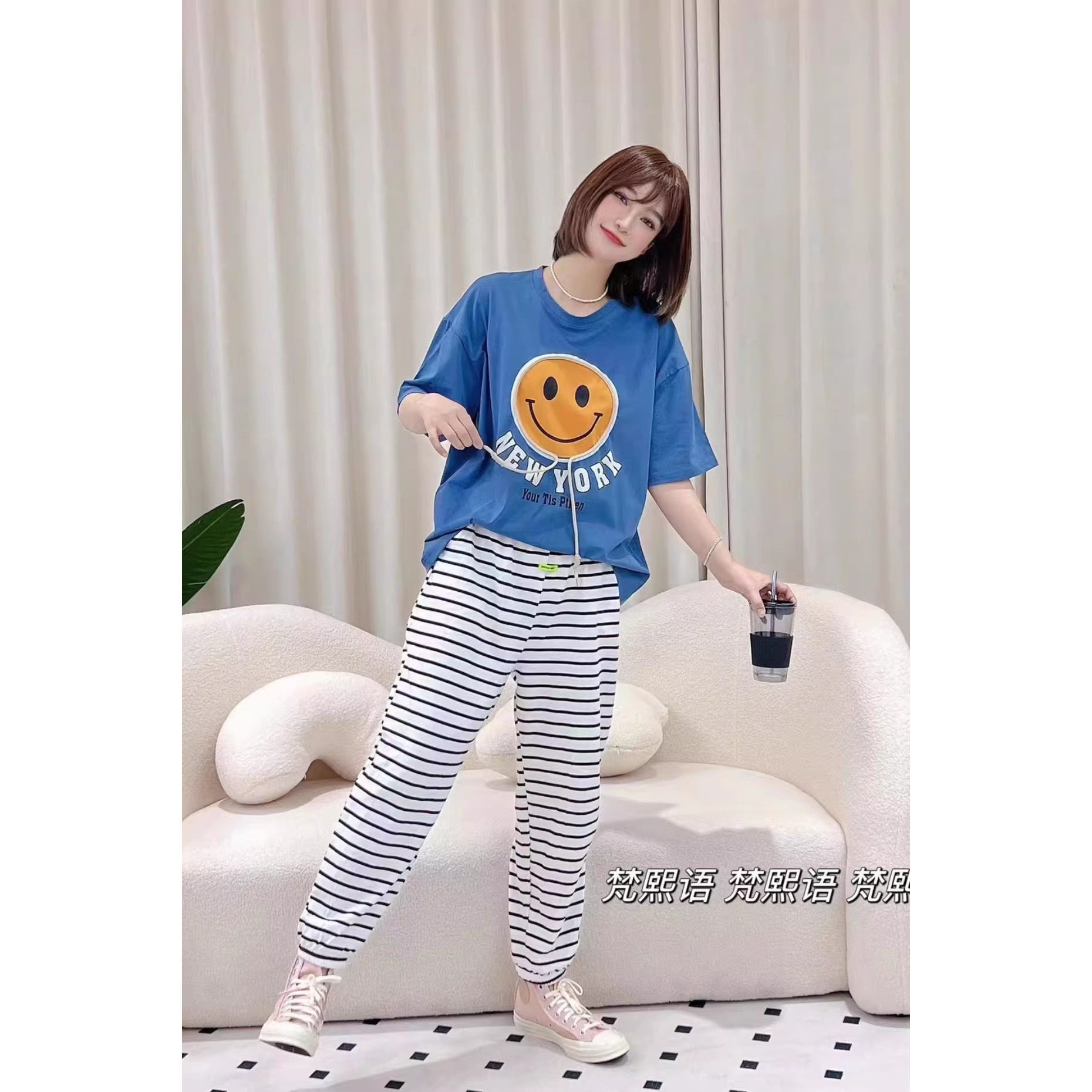 梵熙语特价春夏新款家居服女中短袖长裤卡通休闲针织全棉睡衣套装,淘宝优惠券,粉丝福利购,淘宝优惠卷