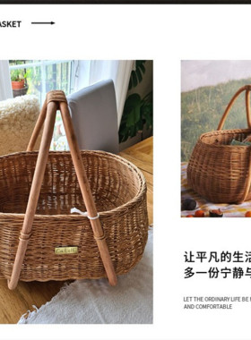 北欧藤编蔬菜篮子藤条提篮户外露营野餐篮鸡蛋篮草编水果篮收纳筐