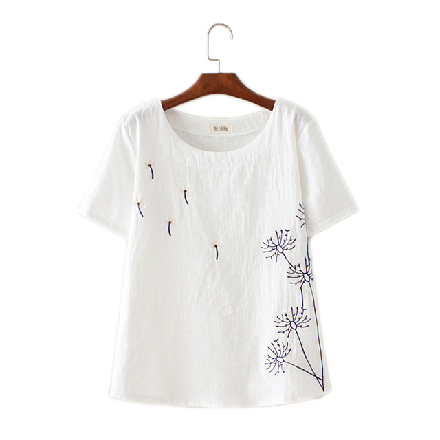 ເສື້ອຍືດຜ້າຝ້າຍ linen ແບບ retro ສີຂາວ embroidered