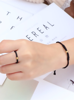 仿真金黄金戒指女男本命年红绳手工编织指环小金珠情侣