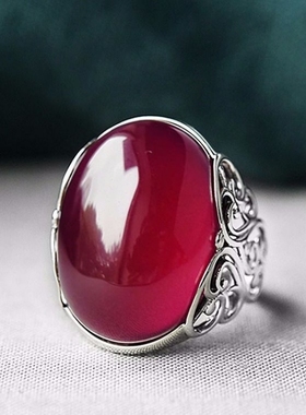 仿冰种翡翠随形戒指红色玛瑙蛋面活口戒玉髓锆石镀银对戒女