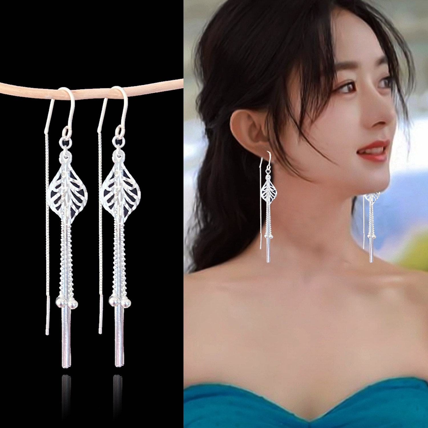 S999纯银耳环女气质玫瑰百合长款流苏耳钩耳坠防过敏耳线送女朋友,淘宝优惠券,粉丝福利购,淘宝优惠卷