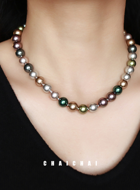 新款轻奢小众混彩珍珠项链大溪地