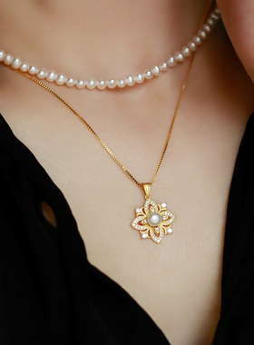 天然淡水珍珠复古精致花朵锁骨链