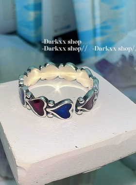 红蓝爱心拼接做旧工艺925戒指
