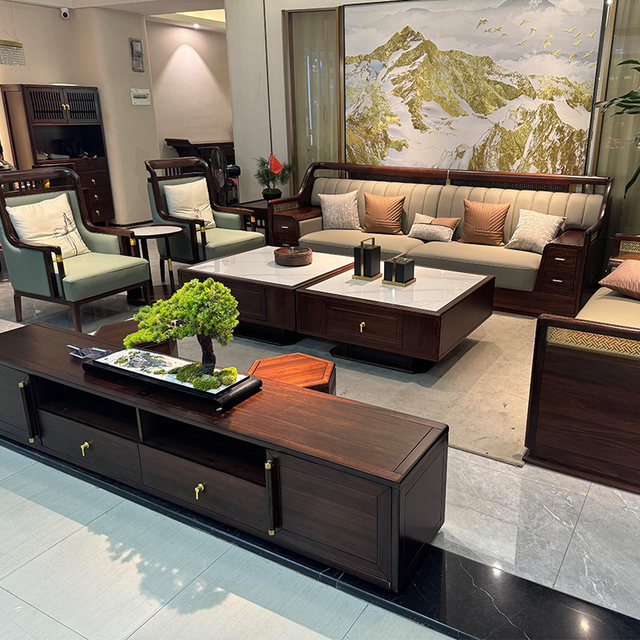 Big brand new Chinese style black gold wood sofa factory can be customized
