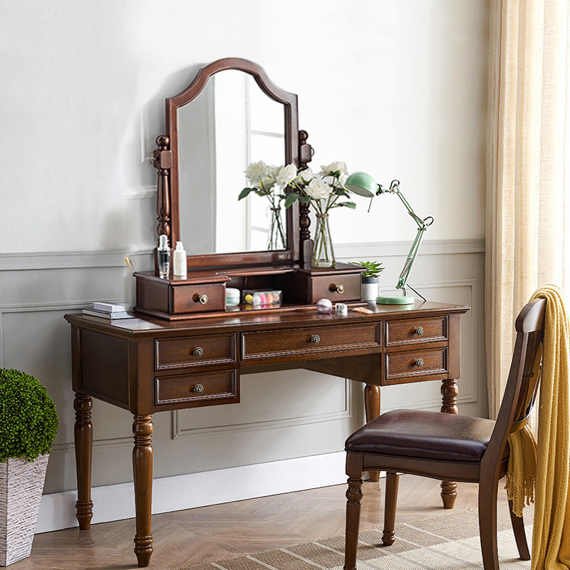 实木橡胶木梳妆台镜卧室简单书桌白色设计现代做旧美式乡村化妆桌