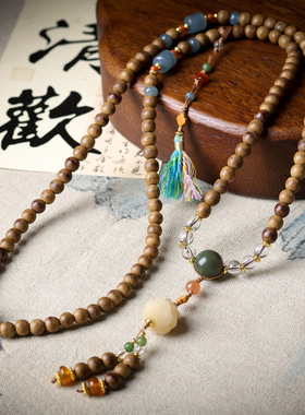 黄油沉香木多圈手链文玩菩提根莲花天山翠南红玛瑙手串木质项链女