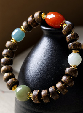 西马沉香木药片珠手串南红玛瑙天山翠手工编织新中式文玩手链