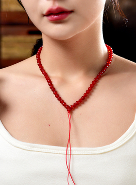 天然红玛瑙水晶圆珠项链配链中国风复古风颈链本命年红色吊坠佛牌