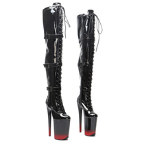 Leecabe 23CM high heel shoe over knee boot mesh red ultra high heel waterproof table boots Long cylinder boot steel tube dance shoes 5K