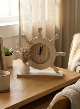 创意船舵木质时钟摆件原木风格