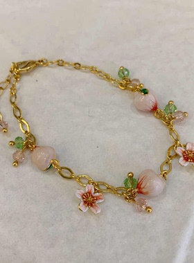 高级感彩绘珐琅粉色桃花花朵花瓣水蜜桃水果吊坠项链耳钉耳环手链