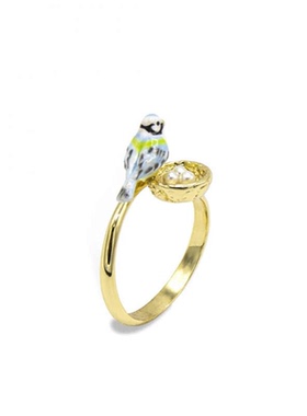 手工彩绘珐琅可爱山雀小鸟鹦鹉鸟窝珍珠鸟蛋戒指女开口指环可调节