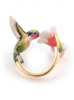 18K镀金手绘珐琅超仙美花朵蜂鸟戒指开口手镯手环女项链锁骨链子