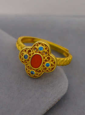 金玉红鸢戒指黄金色花丝锆石高级感婚花丝宫廷风国潮中式复古指环