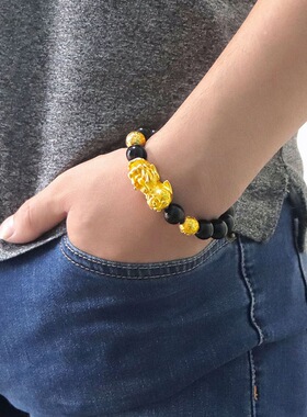越南沙金貔貅手链男士正品仿镀黄金色南非锡金黑曜石手串女潮男饰