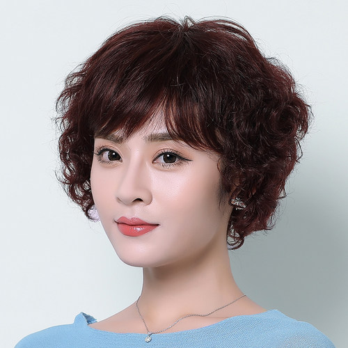 真发假发女短发短卷发自然中年女士中长发发型妈妈假头发真人发丝 - 图0