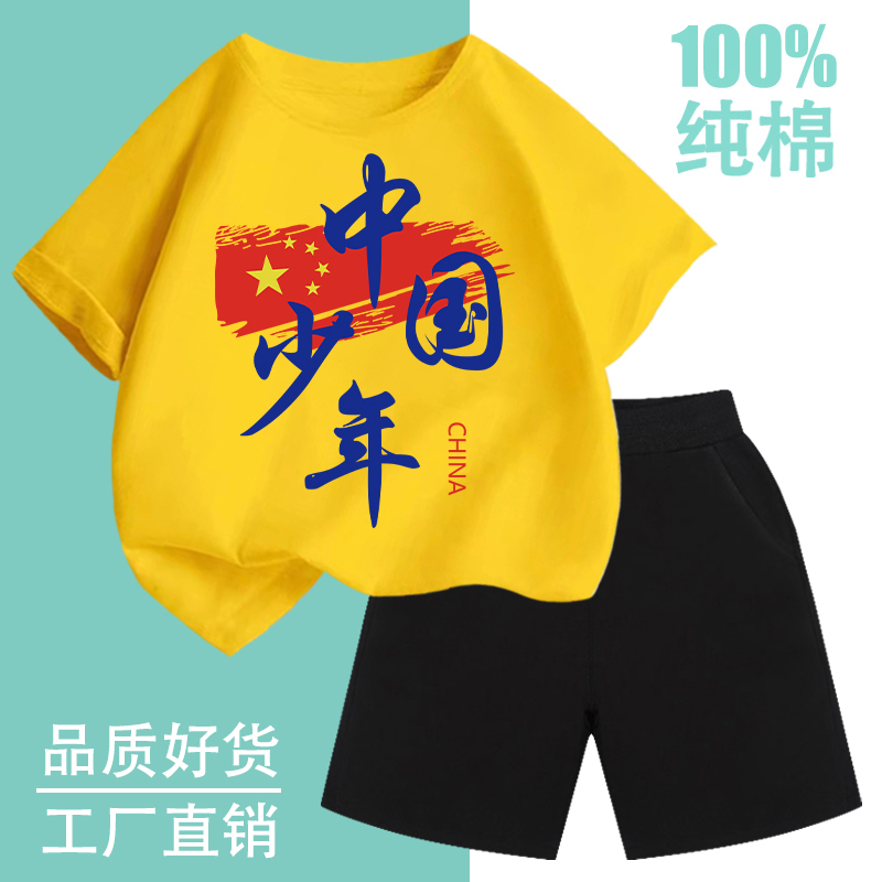 中国少年男女童短袖套装纯棉夏季儿童半袖爱国t恤运动上衣两件套