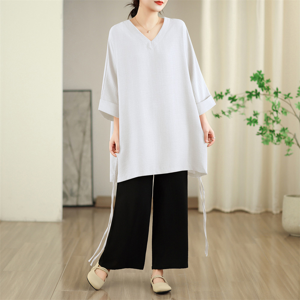春夏新款文艺简约v领显瘦上衣中长款慵懒风抽绳设计宽松T恤女薄款,淘宝优惠券,粉丝福利购,淘宝优惠卷