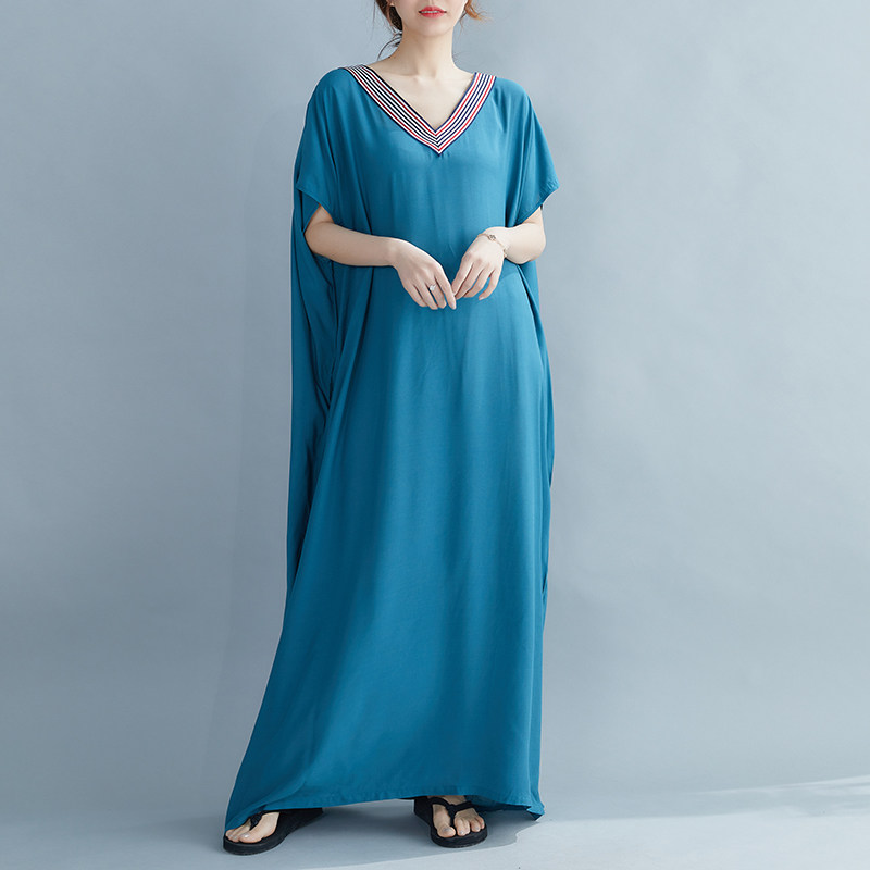文艺宽松纯色长袍折扣夏季新款棉绸v领胖mm连衣裙净色过膝长裙,淘宝优惠券,粉丝福利购,淘宝优惠卷