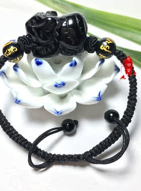天然黑曜石立体生肖虎手链