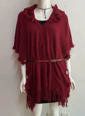 欧美女装大码连帽套头毛衣女长款流苏连帽钮扣蝙蝠衫针织衫女斗篷