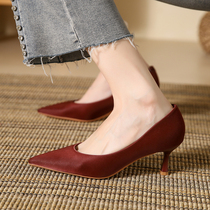 Face-style satin high heel shoe woman 2024 Spring new genuine leather commute 100 hitch elegant temperament tip fine heel single shoe